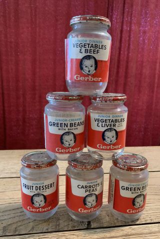 6 Vintage Junior Gerber Baby Food Jars W/ Labels Lids Liver,  Green Beans,  More