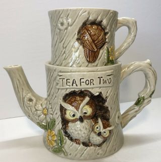 Vintage Enesco Tea For Two Teapot Set Owls In A Tree Stackable 1977 Japan