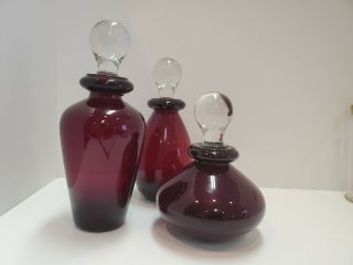Vintage Set Of 3 Red Glass Bottles With Glass Ball Tops 5 " 7 " & 8 "
