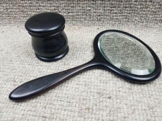 Vintage Antique Black Ebony Wood Oval Hand Mirror,  Screw Top Lid Pot Tub
