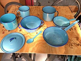 Vtg Enamel Ware Blue White Speckled Metal 9 Pc Set Camping Dishes Bowl Pots Pans