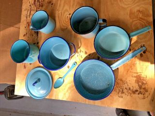 Vtg Enamel Ware Blue White Speckled Metal 9 pc set Camping Dishes Bowl Pots Pans 2