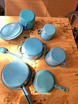 Vtg Enamel Ware Blue White Speckled Metal 9 pc set Camping Dishes Bowl Pots Pans 3