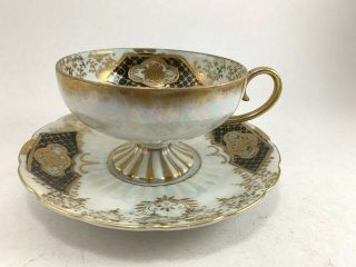 Vintage Royal Sealy Teacup And Saucer Lusterware Pedestal Wide Mouth Black Gold