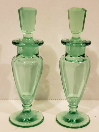 2 Vintage Green Glass Perfume Bottles With Glass Stoppers