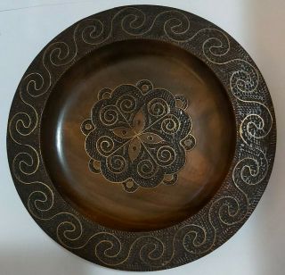 Krakow Poland Folk Art Decorative Carved Wood Plate Metal Inlay Pyrography