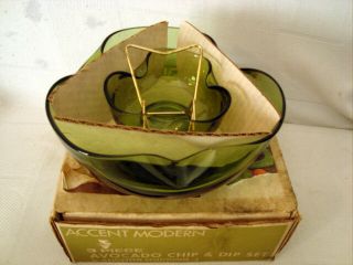 Vintage 3 Piece Avocado Chip And Dip Set By Anchor Hocking