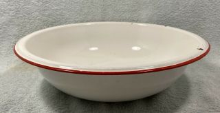 Vintage Enamel Porcelain Pan - Wash Bowl - Basin - 12.  5 " - Farmhouse - White,  Red Trim
