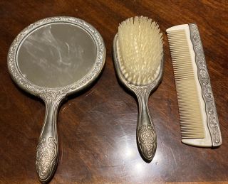 Vintage Or Antique Three Piece Vanity Set - Mirror Brush Comb - Pewter?