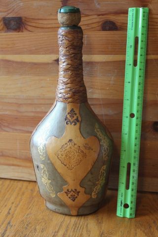 Vintage Leather Wrapped Decanter Wine Liquor Bottle Braided Tooled Made In Italy