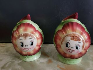 Vintage Py Anthropomorphic Cabbage Rose Salt And Pepper Shakers Japan