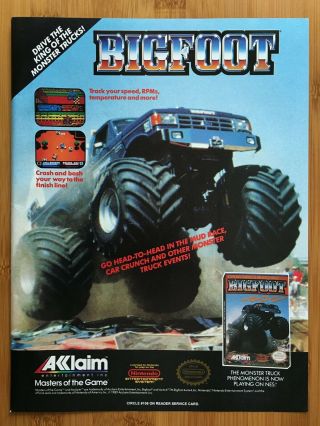 Bigfoot Nes Nintendo 1990 Vintage Print Ad/poster Retro Monster Truck Game Art