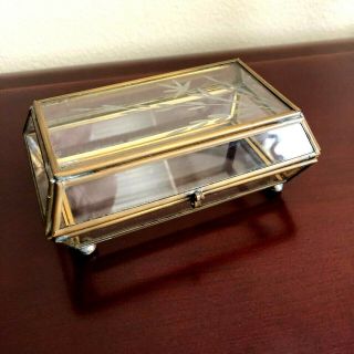 Vintage Glass & Brass Hinged Trinket Jewelry Box With Lid