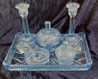 Art Deco 1920s/1930s Blue Depression Glass 6 Piece Dressing Table Set