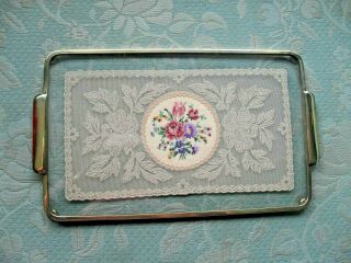 Vintage Petit Point,  Lace Gold Tone Rectangular Glass Dressing Table Tray