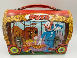 Vintage Bozo The Clown Metal Tin Lunch Box Dome Style Top With Matching Thermos