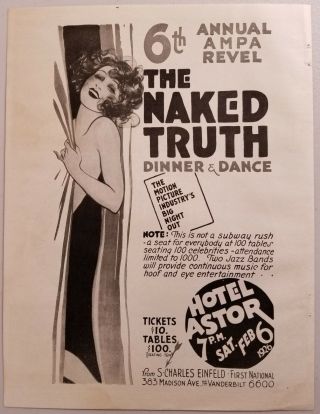 1926 Silent Movie Era Ad First National Pictures The Naked Truth Dinner Dance