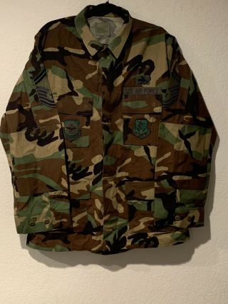 Air Force Military Woodland Camo Bdu Uniform Shirt W/ Patches Size Large/long
