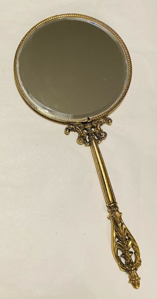Vintage 1950’s Matson Ornate Floral Gold Plated Ormolu Handheld Vanity Mirror