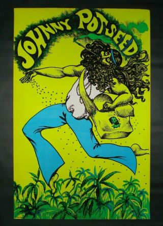 Vintage Johnny Potseed Houston Blacklight Poster Marijuana Zig Zag Man 1969 Nos