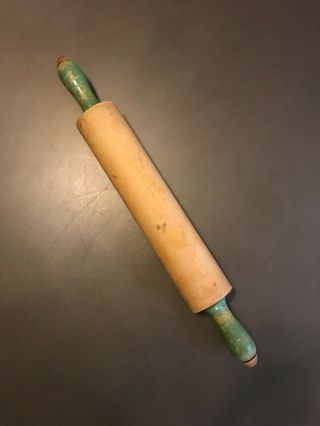 Vintage Wooden Rolling Pin.  Chippy Green Handles