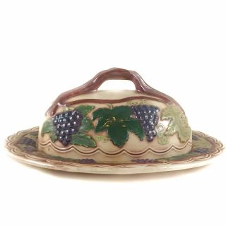 Butter Dish With Lid Tuscan Grapes Leaves Grapevine Handle Lusterware Vintage