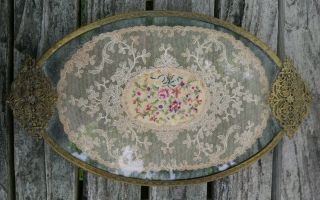 Vintage Oval Petit Point Lace Filigree & Glass Vanity / Dressing Table Tray