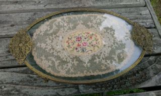 Vintage Oval Petit Point Lace Filigree & Glass Vanity / Dressing Table Tray 3