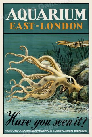 1939 Visit The London Aquarium Octopus Vintage Style Travel Poster - 16x24