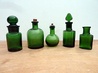 5 Vintage Small Green Glass Perfume / Cosmetic Bottles