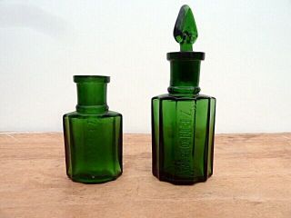 5 VINTAGE SMALL GREEN GLASS PERFUME / COSMETIC BOTTLES 3