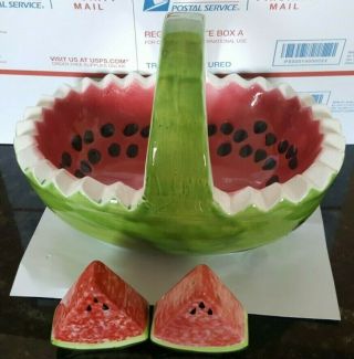 Vintage Ceramic Watermelon Serving Bowl With Handle W/salt Pepper Shakers Euc