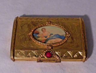 Vintage Ornate Italian Made Gold Gilt Metal Compact W/ Reclining Lady Portrait