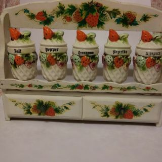Decorated Vintage Spice Rack With 5 Ceramic Jars 2 Drawers Strawberries Red