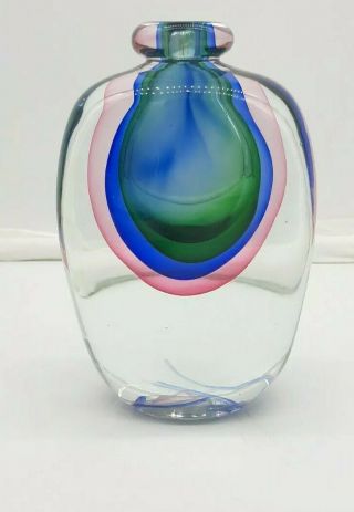 Vintage Mcm Murano Sommerso Bottle Vase Tri Color Pink Blue & Green 8 " Heavy