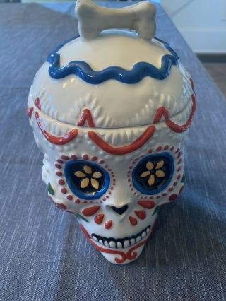 Blue Sky By Heather Goldmic Day Of The Dead Skull Cookie Jar Container Ceramic