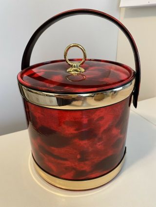 Vintage Ice Bucket Red Gold Vinyl Modern Mid - Century