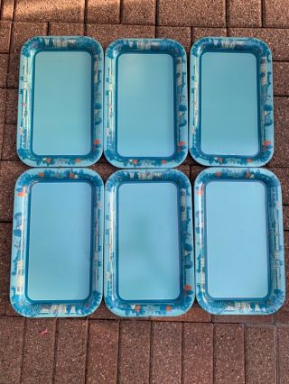 Vintage Metal Tin Lap Lunch Serving Trays Blue,  Orange & Aqua (6)
