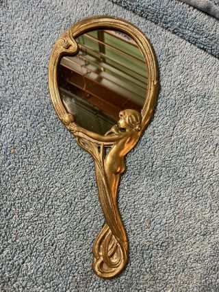 Vintage Brass Ornate Lady Figure Design Hand Vanity Mirror Art Nouveau Style