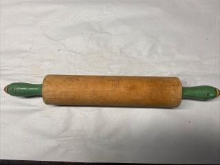Vintage 1940s Hardwood Rolling Pin With Green Wooden Handles Signed Munising
