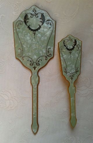 Vintage Celluloid Bakelite Green/ Yellow Art Deco Hand Mirror,  Brush Set