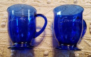 Starbucks Etched Cobalt Blue Glass Coffee Tea Cup Mugs 16 Oz