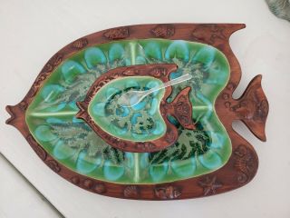 Treasure Craft Vtg 2 Piece Divided Fish Serving Platter Tray Turquoise