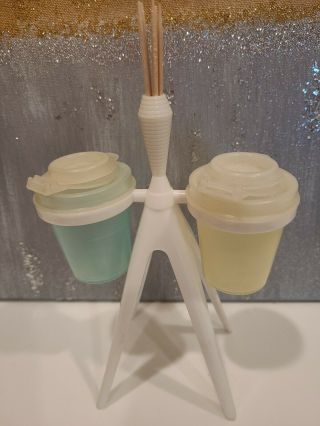 Vintage Tupperware Atomic Salt And Pepper Shakers With Stand