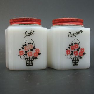 Tipp Usa Milk Glass Salt & Pepper Shakers,  Red & Black Graphics,  Red Tops