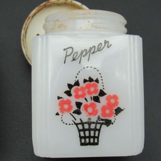TIPP USA Milk Glass Salt & Pepper Shakers,  Red & Black Graphics,  Red Tops 3
