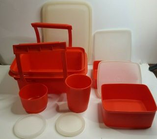 Vintage Tupperware Pak N Carry Lunch Box 1254 Paprika Orange Set w/ all Lids 2