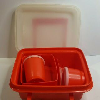 Vintage Tupperware Pak N Carry Lunch Box 1254 Paprika Orange Set w/ all Lids 3