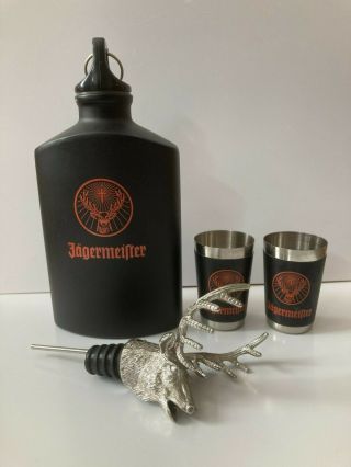 Jagermeister Stag Deer Head Bottle Pourer With Flask And 2 Shot Cups Collectable