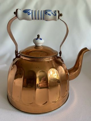 Vintage Copper Plated Tea Kettle With White & Blue Ceramic Handle & Knob